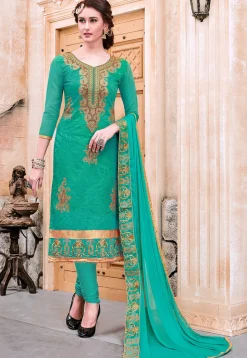 Embroidered Chanderi Silk Straight Suit in Teal Green