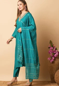 Embroidered Chanderi Silk Pakistani Suit in Teal Blue