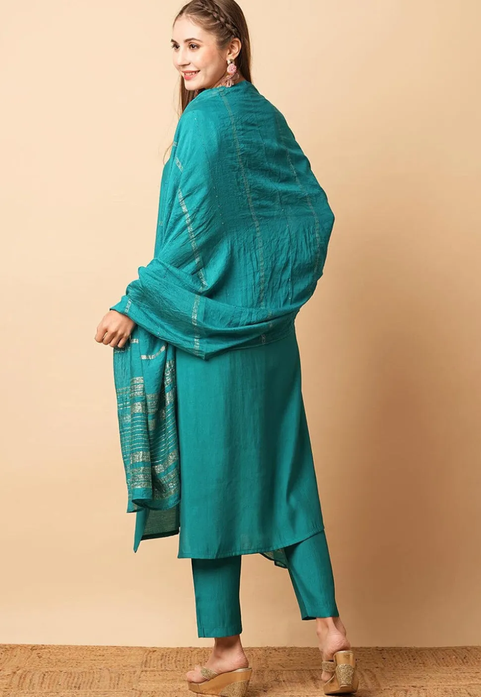 Embroidered Chanderi Silk Pakistani Suit in Teal Blue