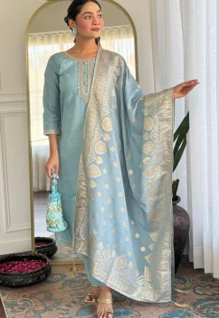 Embroidered Chanderi Silk Pakistani Suit in Sky Blue