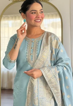 Embroidered Chanderi Silk Pakistani Suit in Sky Blue