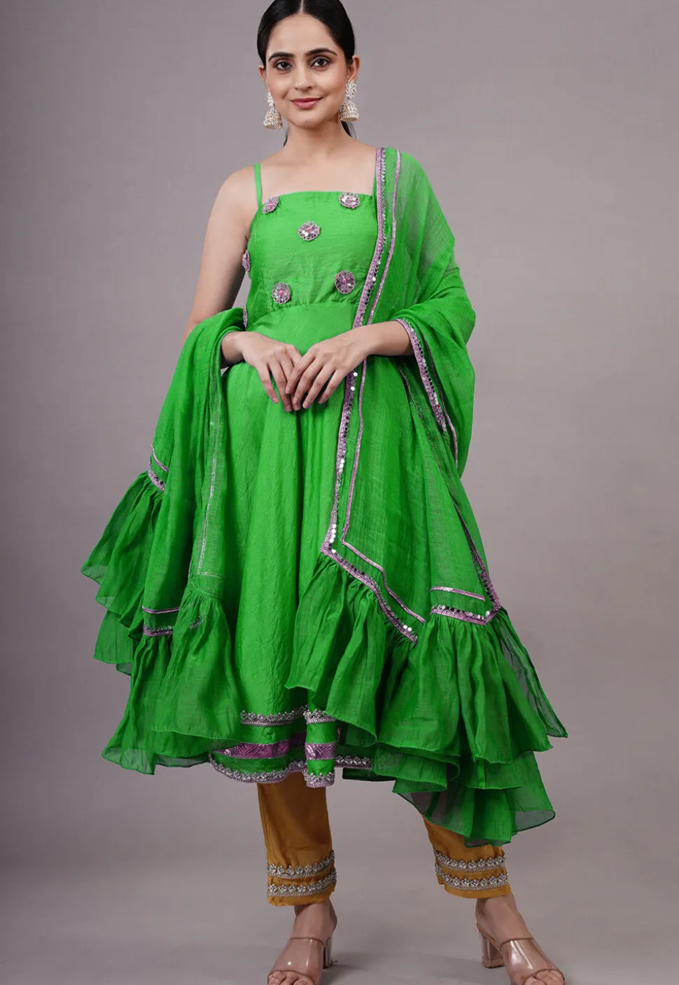 Embroidered Chanderi Silk Aline Suit in Green