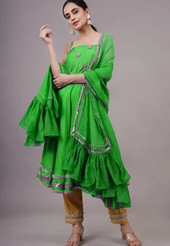 Embroidered Chanderi Silk Aline Suit in Green