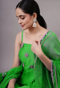Embroidered Chanderi Silk Aline Suit in Green