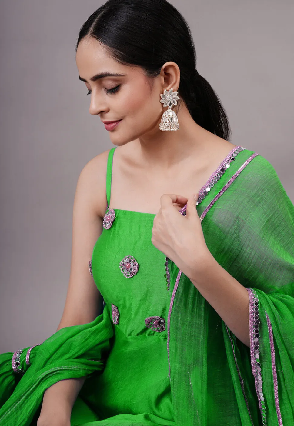 Embroidered Chanderi Silk Aline Suit in Green