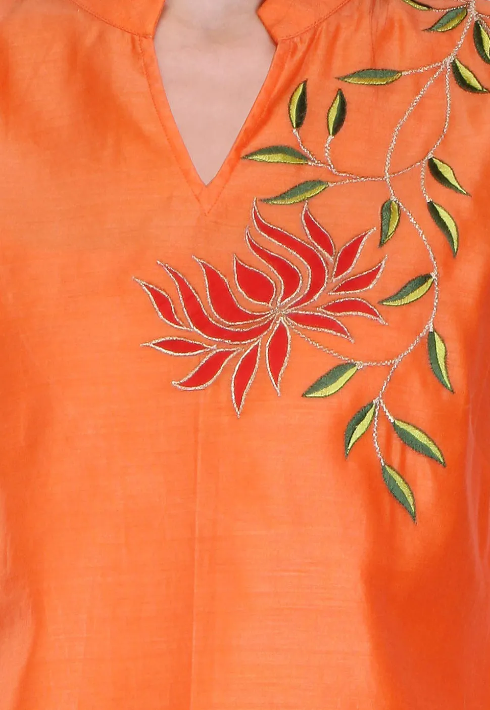 Embroidered Chanderi Silk Kurti in Orange