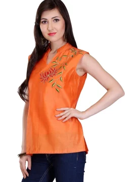 Embroidered Chanderi Silk Kurti in Orange