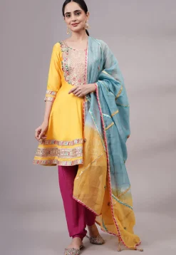 Embroidered Chanderi Silk Aline Suit in Yellow