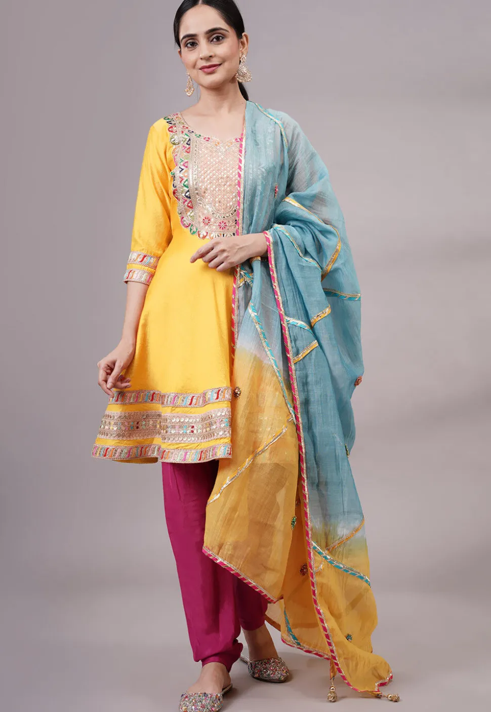 Embroidered Chanderi Silk Aline Suit in Yellow