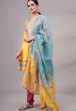 Embroidered Chanderi Silk Aline Suit in Yellow