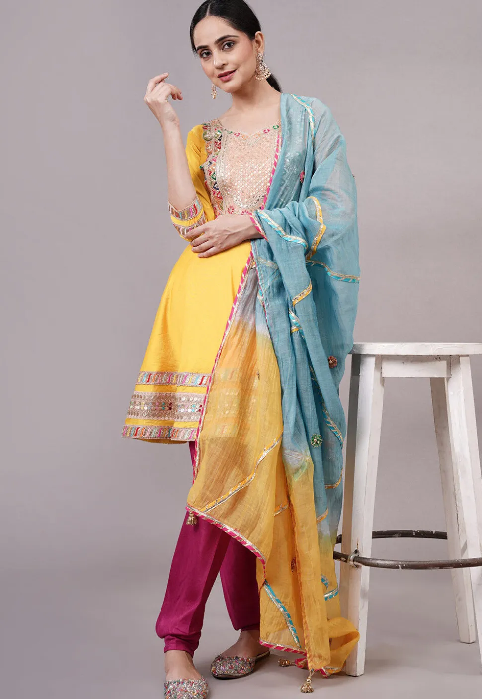 Embroidered Chanderi Silk Aline Suit in Yellow