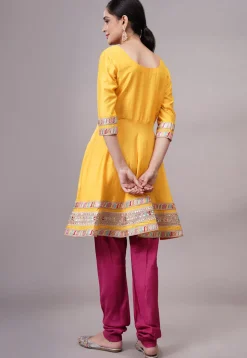Embroidered Chanderi Silk Aline Suit in Yellow