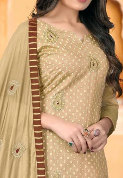 Embroidered Chanderi Silk Pakistani Suit in Beige