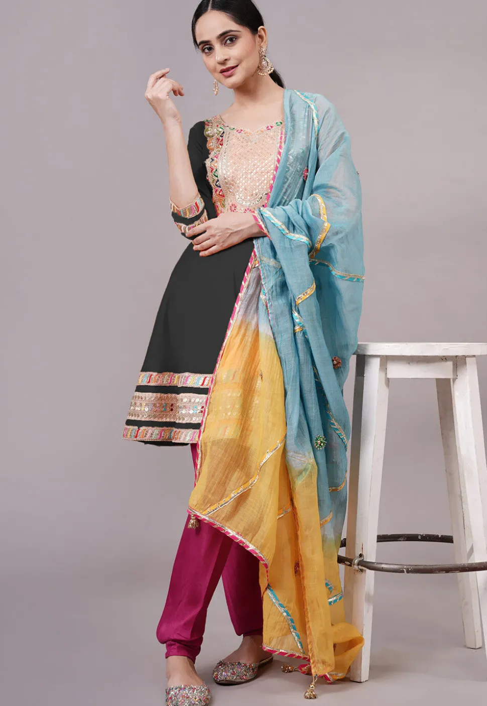 Embroidered Chanderi Silk Aline Suit in Black