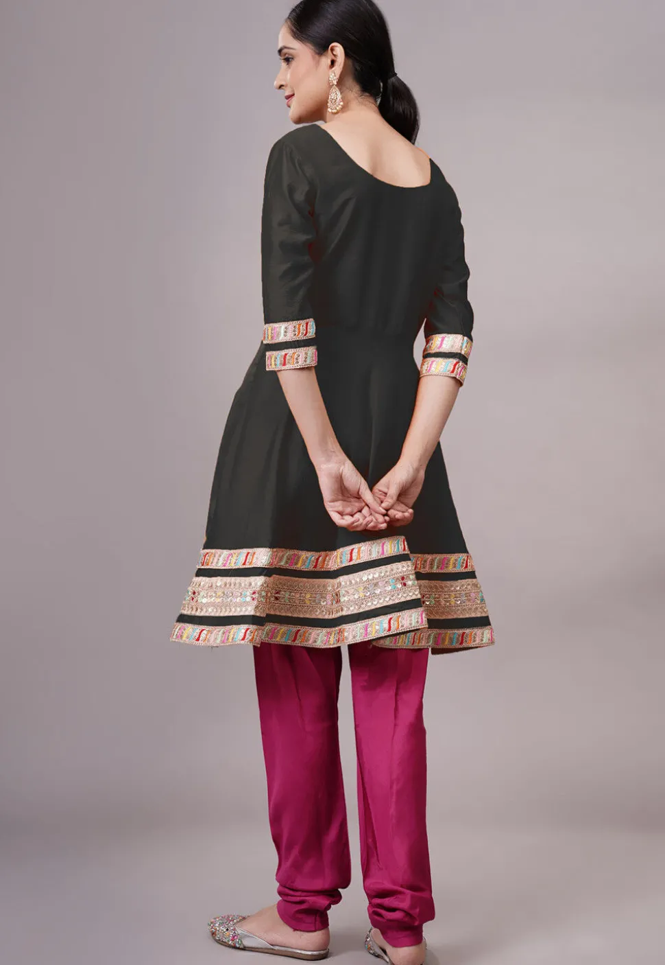 Embroidered Chanderi Silk Aline Suit in Black