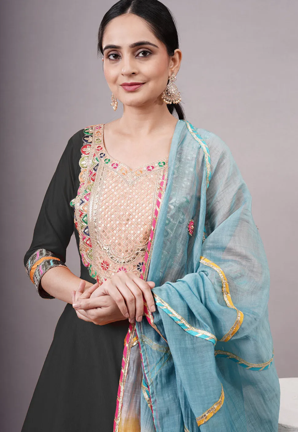 Embroidered Chanderi Silk Aline Suit in Black