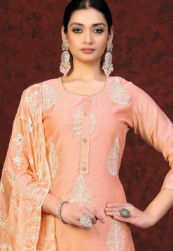 Embroidered Chanderi Silk Straight Suit in Peach