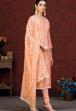 Embroidered Chanderi Silk Straight Suit in Peach