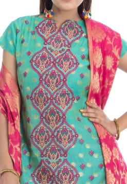 Embroidered Chanderi Silk Straight Suit in Teal Green