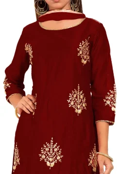 Embroidered Chanderi Silk Straight Suit in Maroon