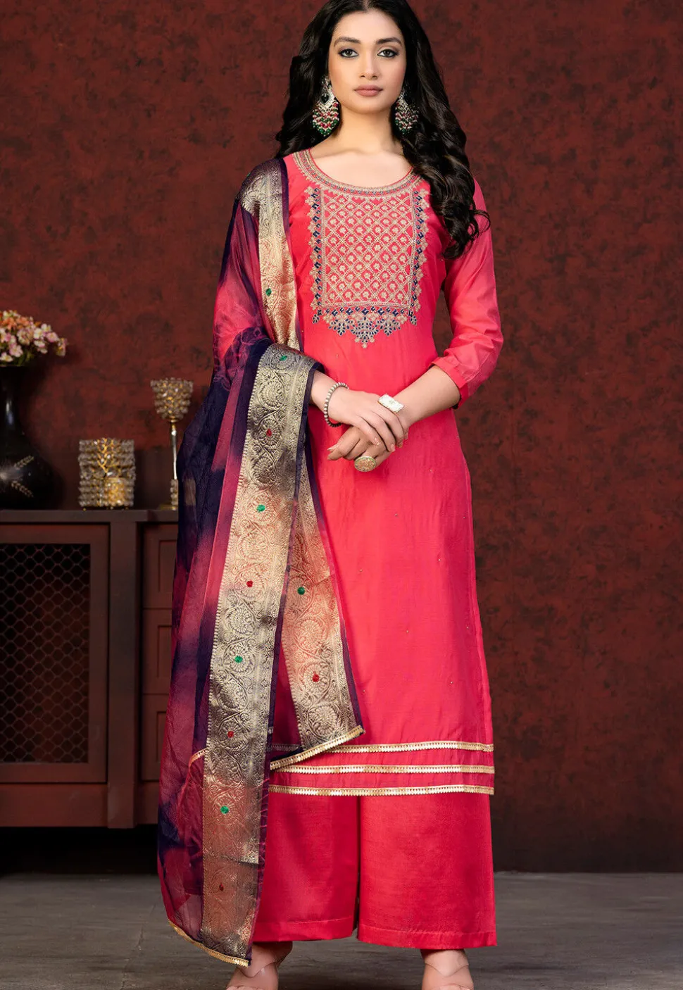 Embroidered Chanderi Silk Pakistani Suit in Pink