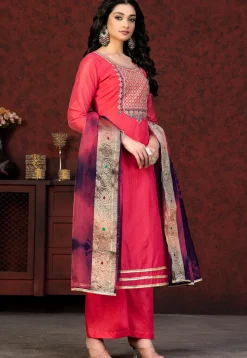 Embroidered Chanderi Silk Pakistani Suit in Pink