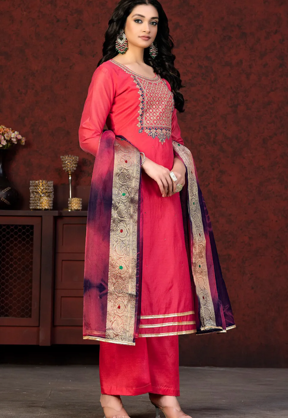 Embroidered Chanderi Silk Pakistani Suit in Pink