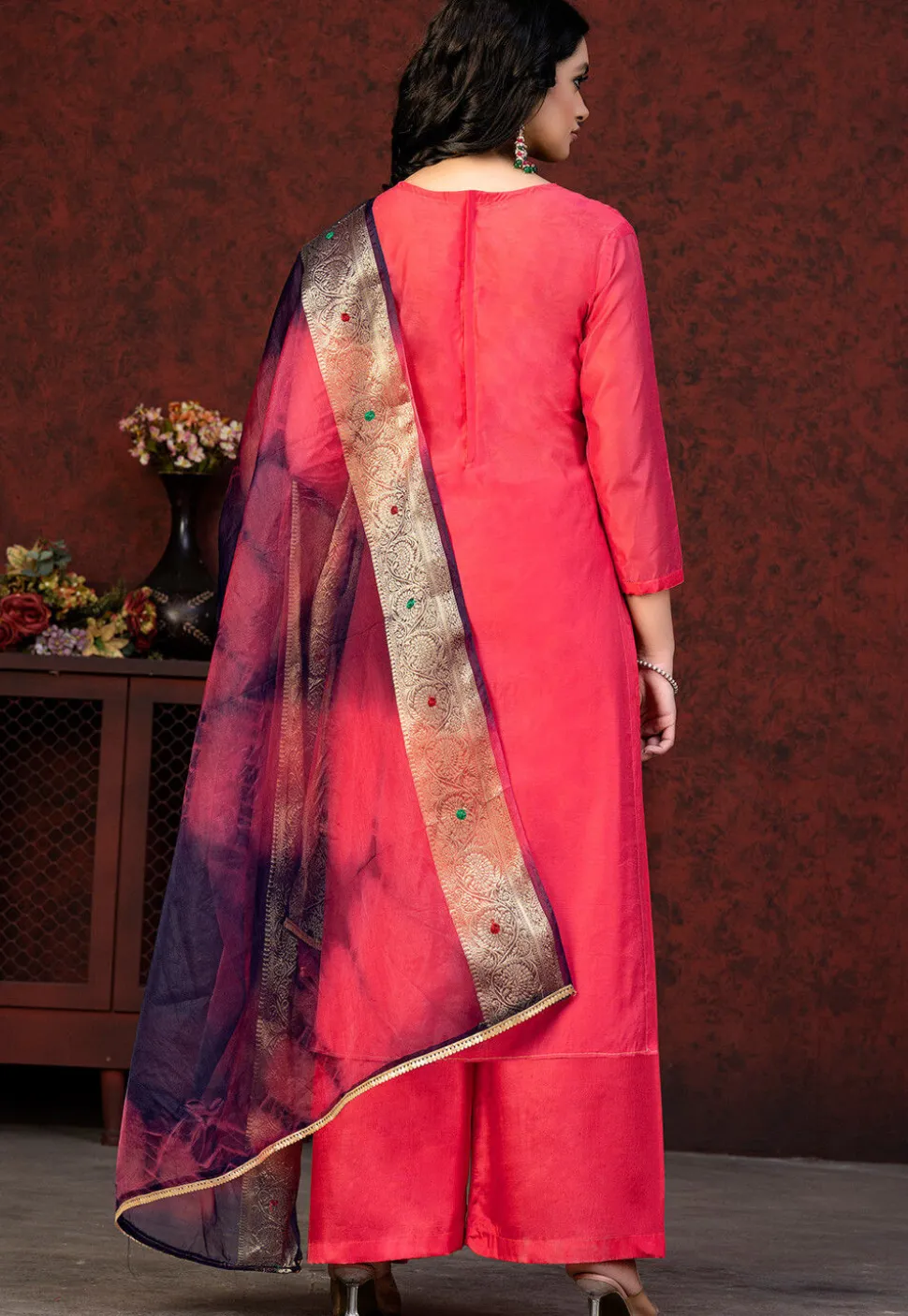 Embroidered Chanderi Silk Pakistani Suit in Pink