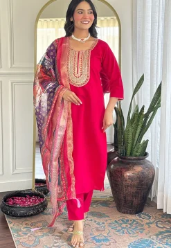 Embroidered Chanderi Silk Pakistani Suit in Fuchsia