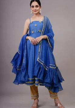 Embroidered Chanderi Silk Aline Suit in Navy Blue