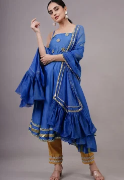 Embroidered Chanderi Silk Aline Suit in Navy Blue