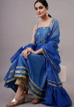 Embroidered Chanderi Silk Aline Suit in Navy Blue