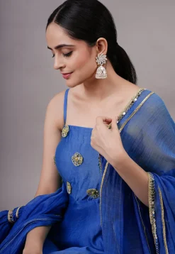 Embroidered Chanderi Silk Aline Suit in Navy Blue