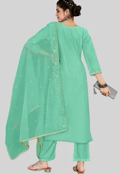 Embroidered Chanderi Silk Pakistani Suit in Light Teal Green
