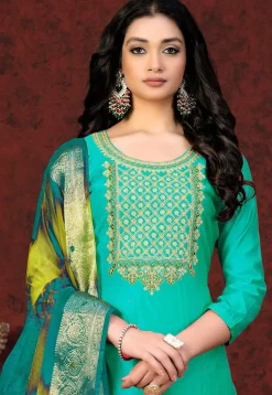 Embroidered Chanderi Silk Pakistani Suit in Turquoise