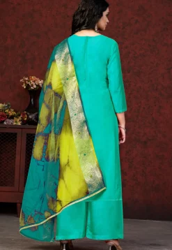Embroidered Chanderi Silk Pakistani Suit in Turquoise