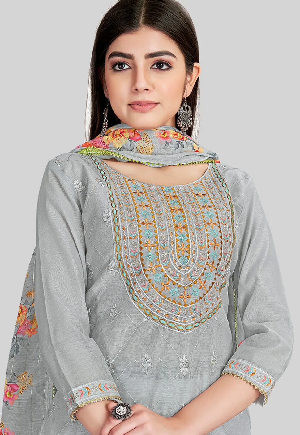 Embroidered Chanderi Silk Pakistani Suit in Grey