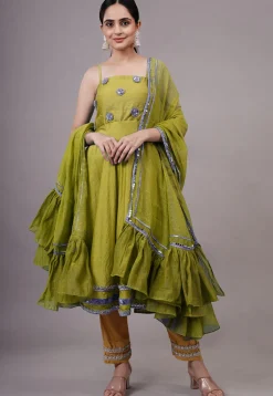 Embroidered Chanderi Silk Aline Suit in Green