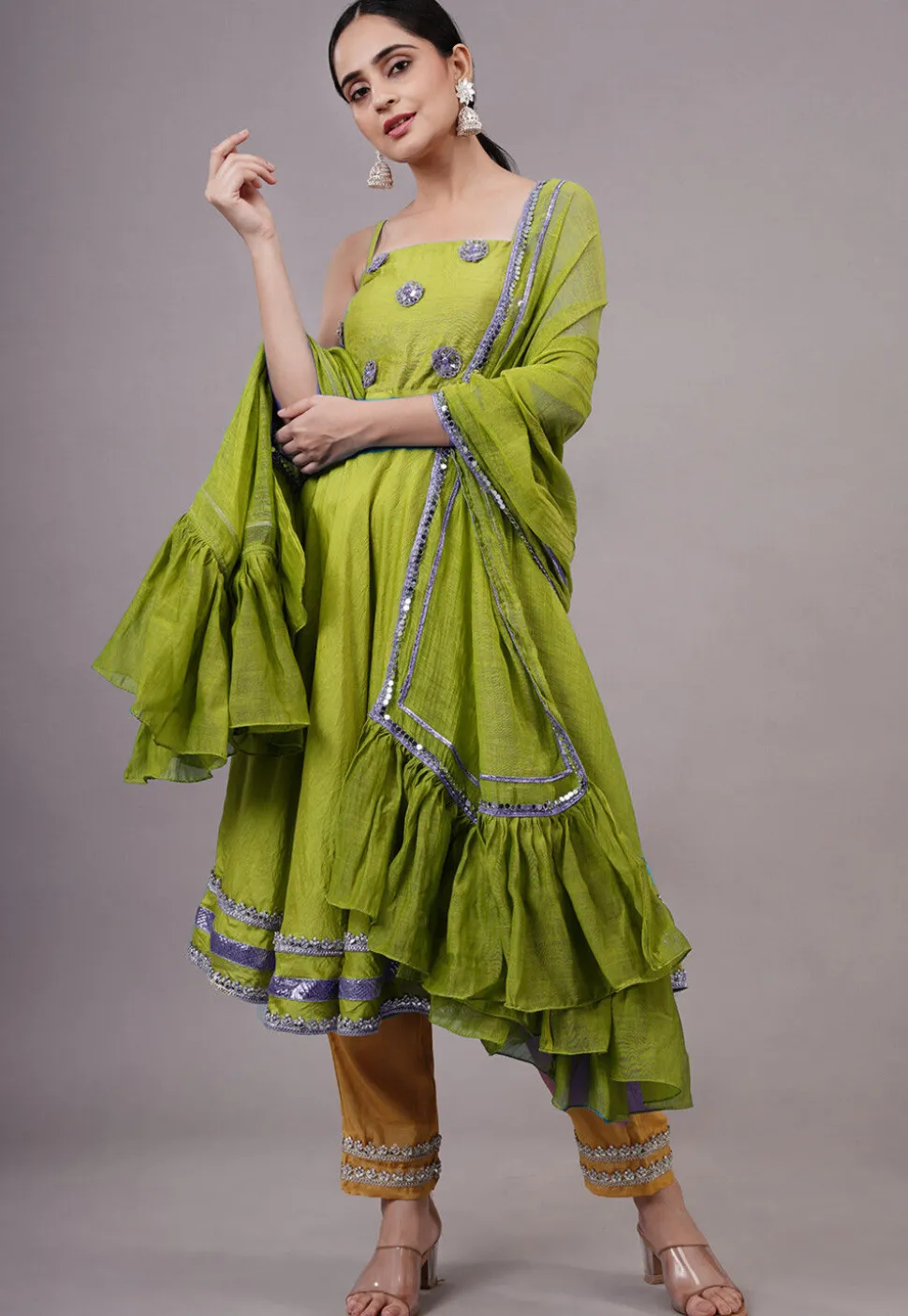 Embroidered Chanderi Silk Aline Suit in Green