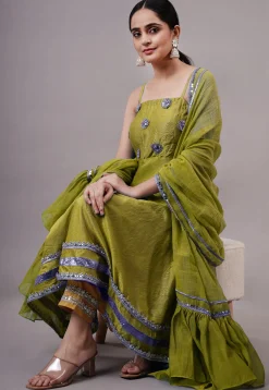 Embroidered Chanderi Silk Aline Suit in Green