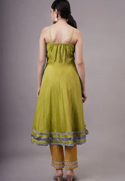 Embroidered Chanderi Silk Aline Suit in Green
