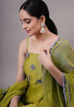 Embroidered Chanderi Silk Aline Suit in Green
