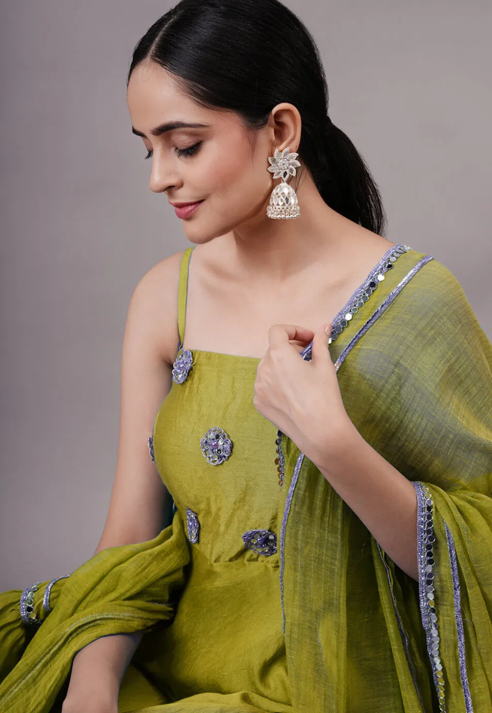 Embroidered Chanderi Silk Aline Suit in Green