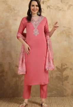 Embroidered Chanderi Silk Pakistani Suit in Pink