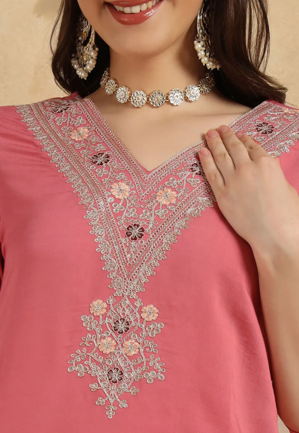 Embroidered Chanderi Silk Pakistani Suit in Pink