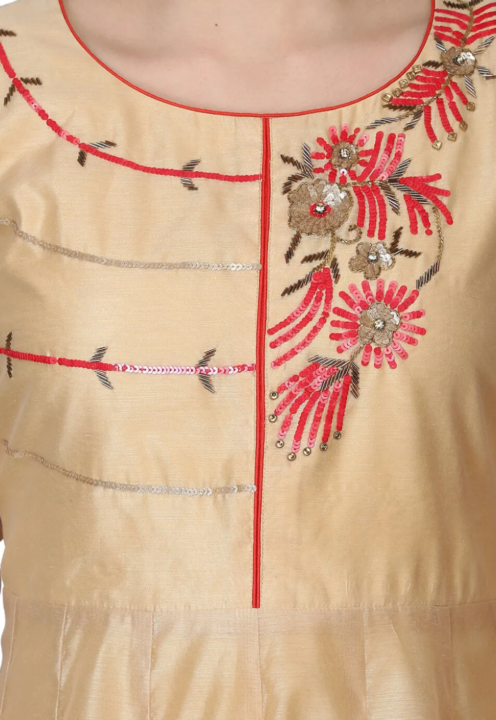 Embroidered Chanderi Silk Gown in Beige