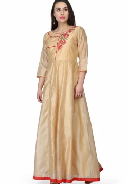 Embroidered Chanderi Silk Gown in Beige