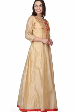 Embroidered Chanderi Silk Gown in Beige
