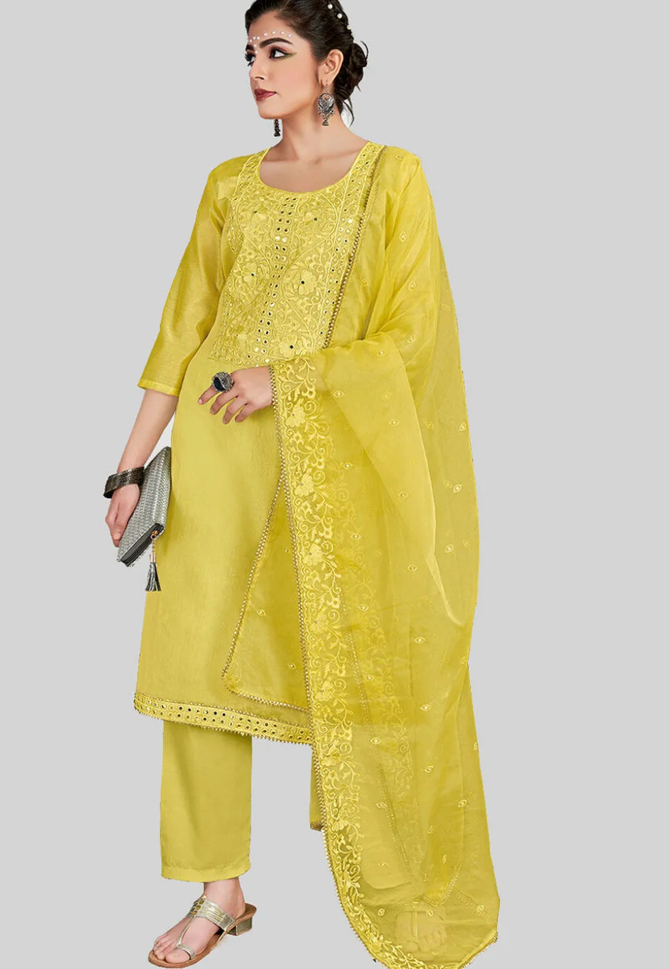 Embroidered Chanderi Silk Pakistani Suit in Yellow