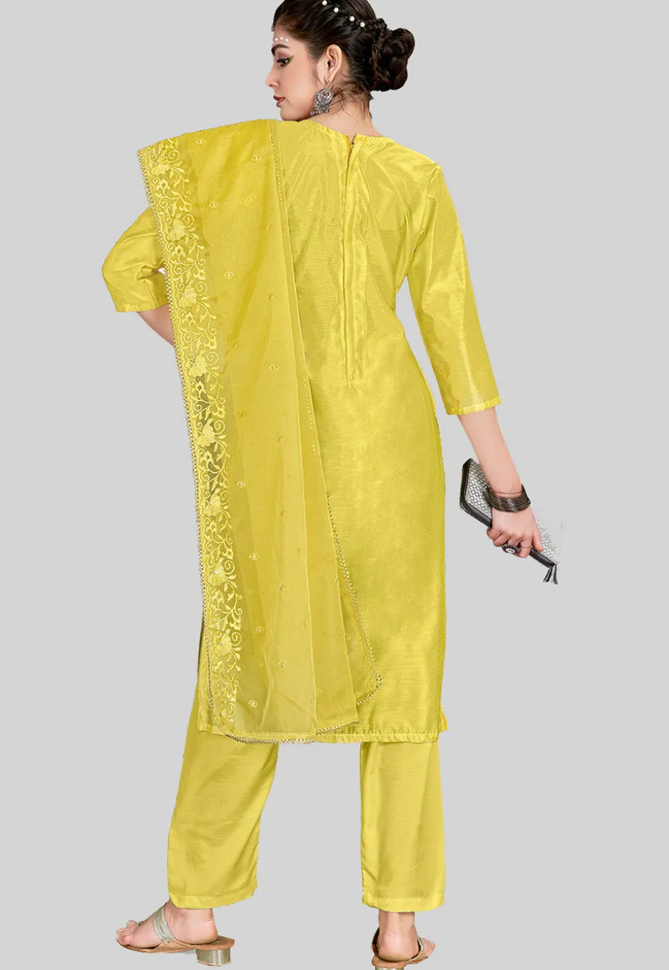 Embroidered Chanderi Silk Pakistani Suit in Yellow